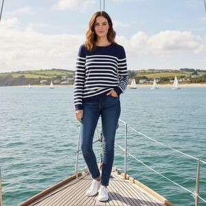 J. Crew Womens Size Small Teddie Sweater Navy Blue White Striped Cotton Nautical